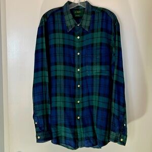 J Crew 100% Linen men’s black watch plaid button down shirt, size L